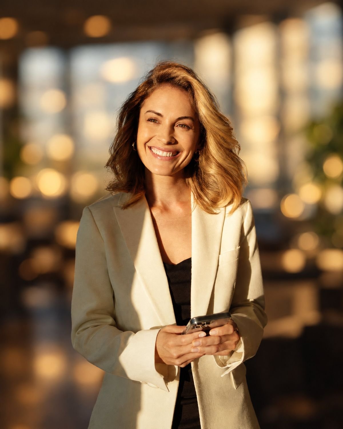A smiling real estate agent holding her phone